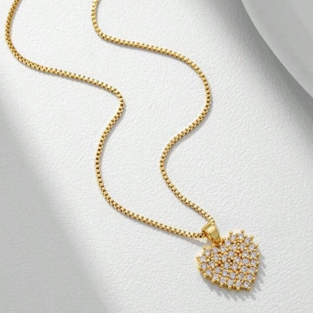 18k Golden Plated Necklace Heart Chain Cubic Zirconia Stainless Steel